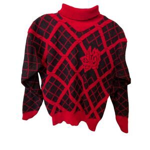 Lilly Of California Pullover Sweater Red Vintage Womens Size L Argyle Turtleneck